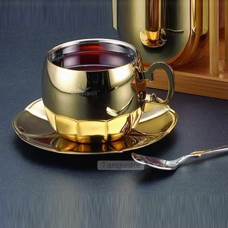 Taza de café de acero inoxidable 304 de doble capa, platillos, tazas de espresso doradas y plateadas, de taza de té, café, hogar: Gold