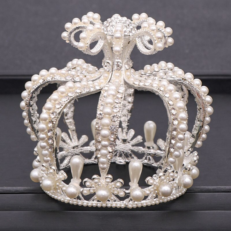 Coroa de noiva, endereço de cabeça de noiva com cristal barroco coroa de pérolas dourada coroa redonda queen tiara festa de aniversário acessórios de casamento: Prata