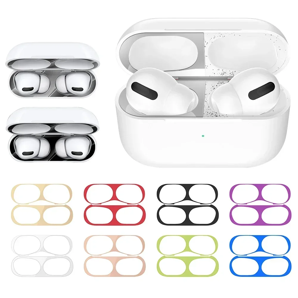 Autocollant AirPods pour Apple Airpods 1 2 3 Pro Pro2, boîte de chargement pour écouteurs, autocollant anti-poussière, autocollants de protection contre la poussière en métal étanche