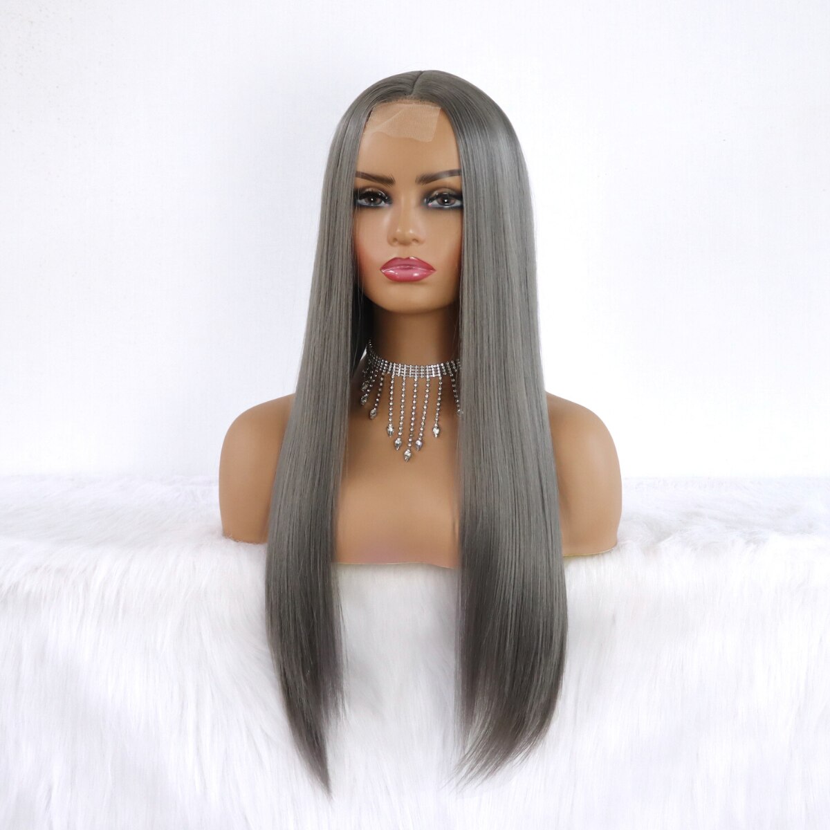 Long Straight Synthetic Lace Wigs Heat Resistant Gray Wig Natural Hair Wig For Women 180 Density 22-24 inch