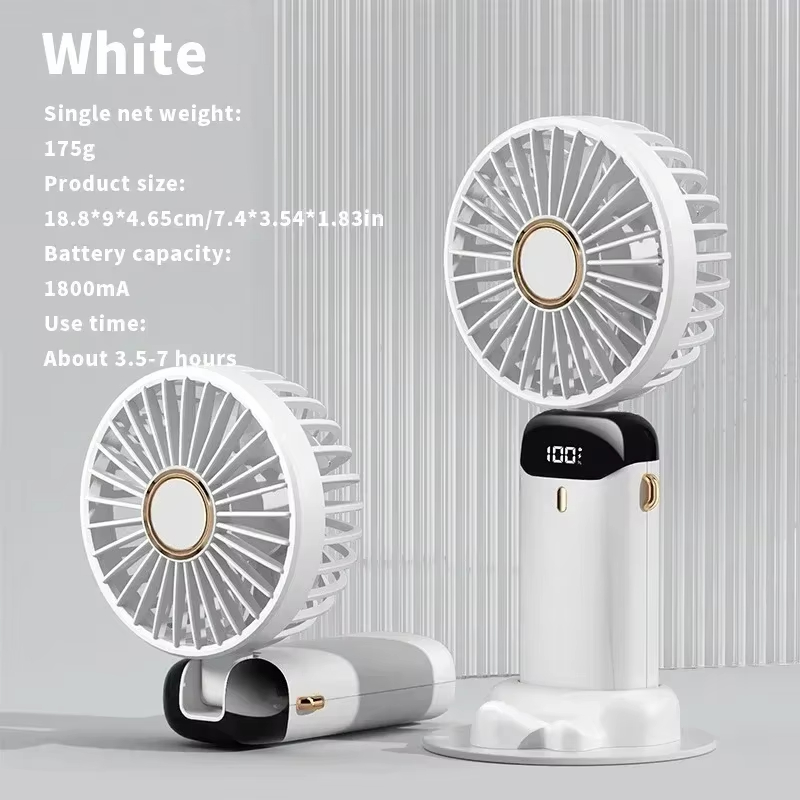 Mini ventilador de mano portátil, recargable por USB, plegable, para colgar en el cuello al aire libre, ventilador de refrigeración de 5 velocidades con soporte para teléfono y pantalla de visualización: Blanco