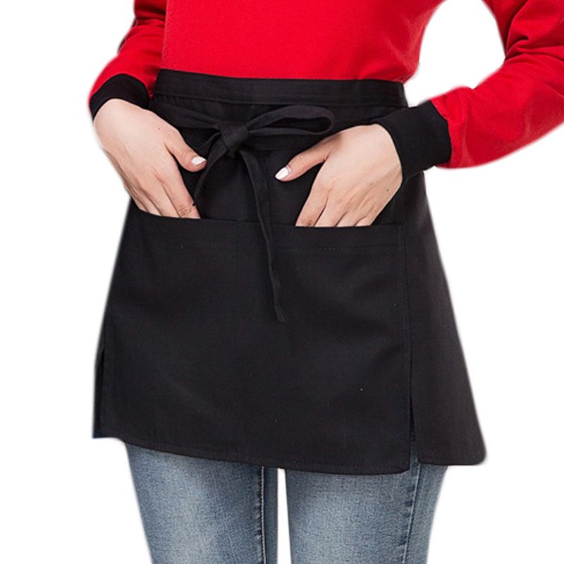 Delantal de cintura para cocina y restaurante para hombre y mujer, medio pantalón corto ajustado con bolsillos, lazos de bolígrafo para camarera
