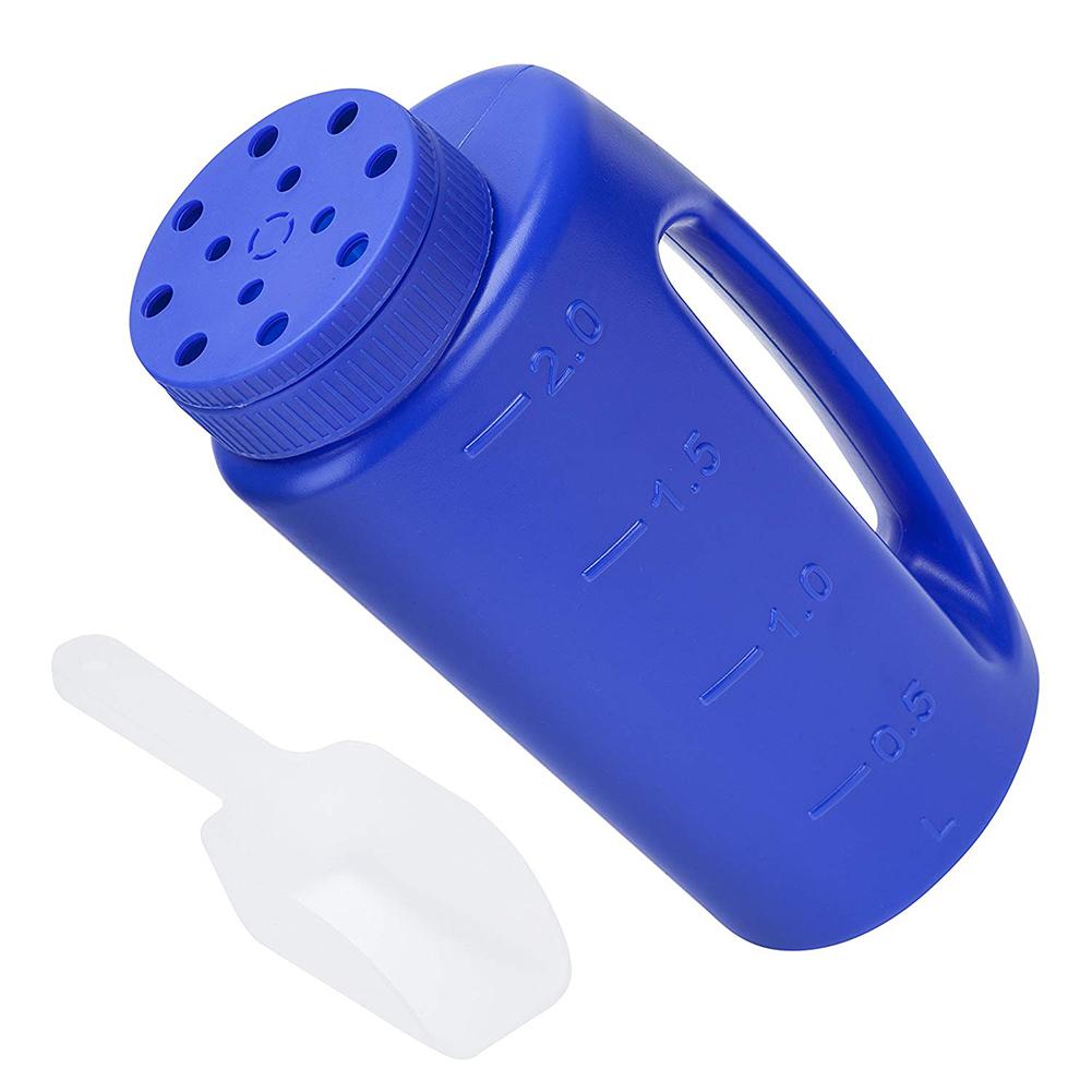 2L Hand Held Spreader In Blue Adjustable Hole Size For Seed Fertiliser Salt To Deice Or Any Size Granule Complete With Scoop