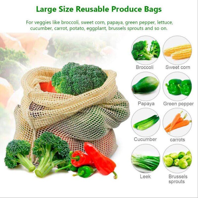 3Pcs Herbruikbare Produceren Zakken Katoen Netto Zakken Voor Opslag Fruit Groente Met Koord Organizer Opslag Netje Eco Vriendelijke