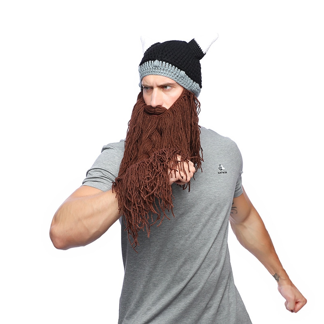 Hauska barbaari viikinkikypärä pipo hatut miesten halloween-parta cosplay juhlapuku torvihattu talvi lämmin konepelti