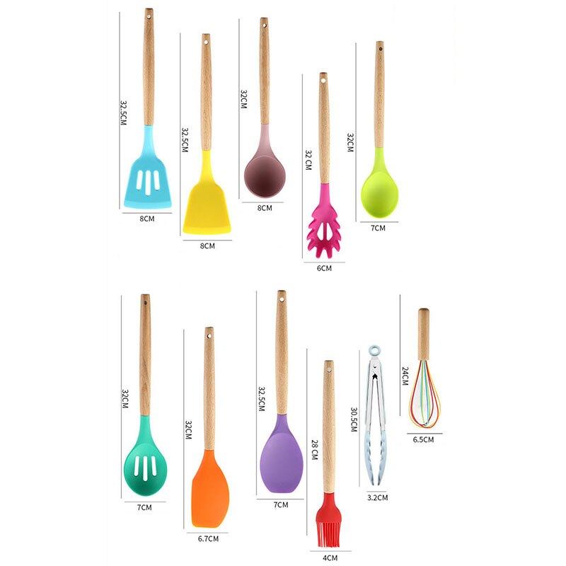 12 Stks/set Food Grade Siliconen Koken Gereedschap Keuken Non-stick Ei Kloppers Spatel Keukengerei Huishouden Houten Handvat Item