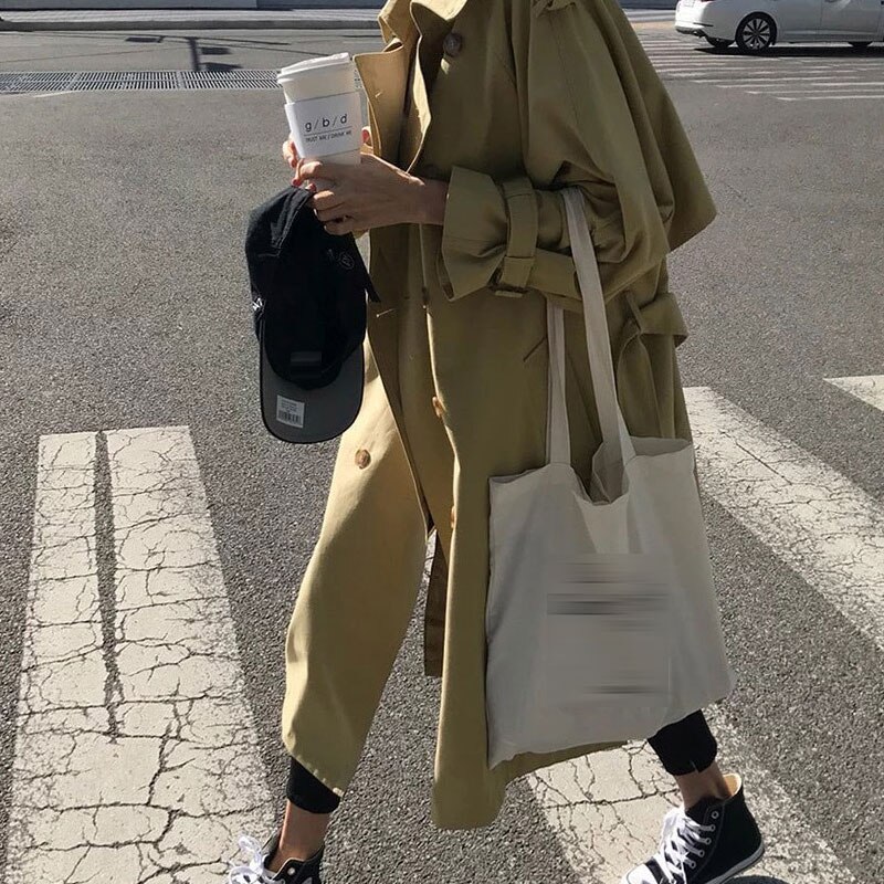 Höst dam trenchcoat ledig oversize dubbelknäppt vintage ytterkläder skärp kvinnlig vindjacka chic kappa vår