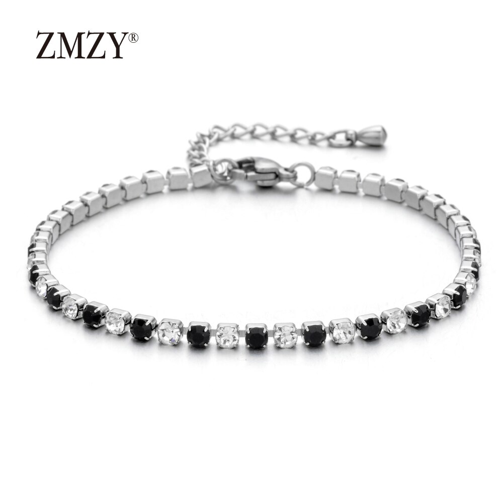 ZMZY 304L Bracelet en acier inoxydable strass brillant cubique zircone Tennis lien Bracelets pour femmes bijoux de mariage: blackwhite