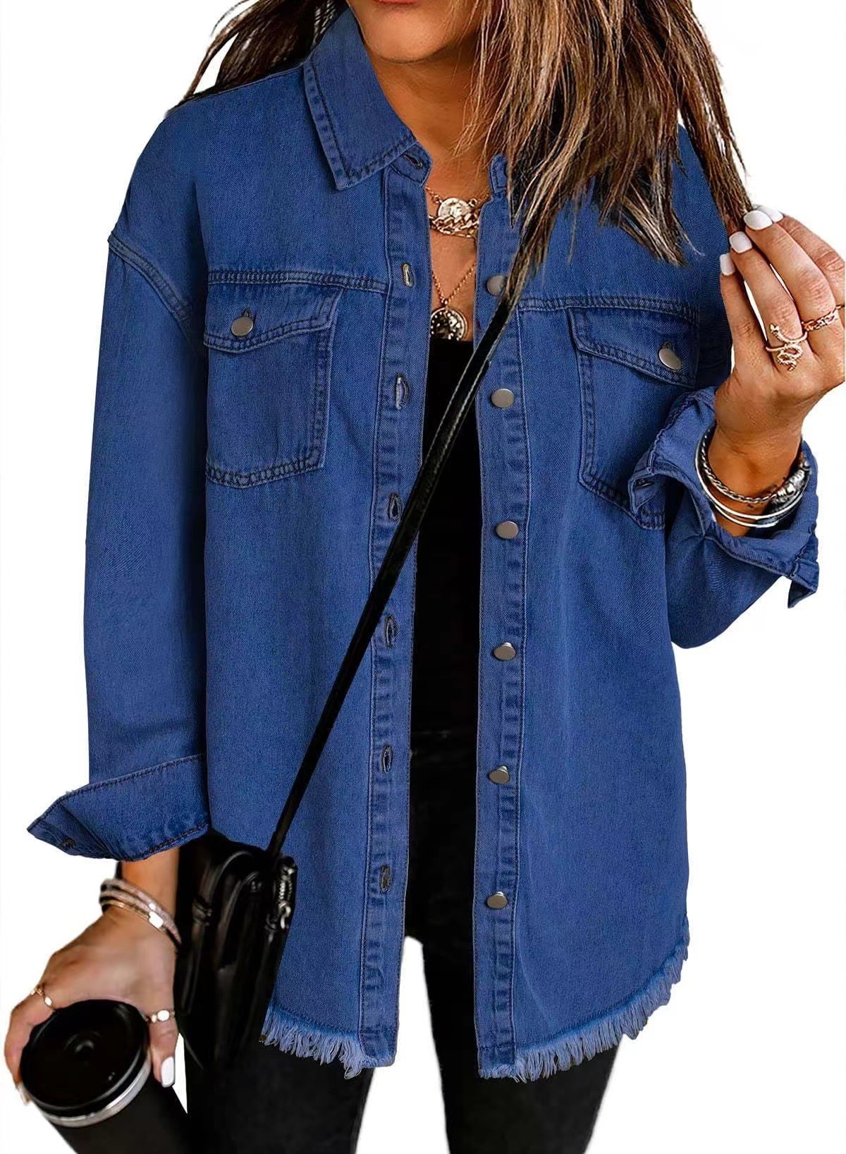 Camisas vaqueras holgadas informales lisas para mujer, camisas y blusas Vintage de gran tamaño para mujer, Tops juveniles a la para otoño 2025: XL / Azul