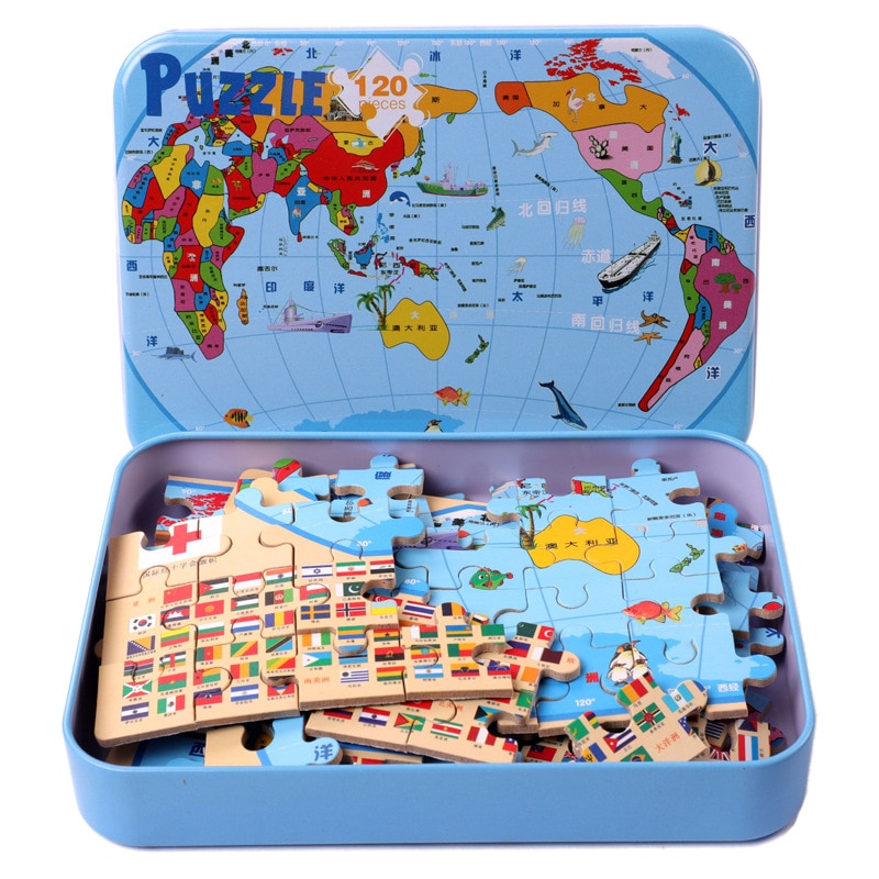 120 Stuks Houten Puzzel Cartoon Speelgoed 3D Hout Puzzel Met Ijzeren Doos Pakket Puzzel Kind Verbeteren Logisch Denkvermogen speelgoed