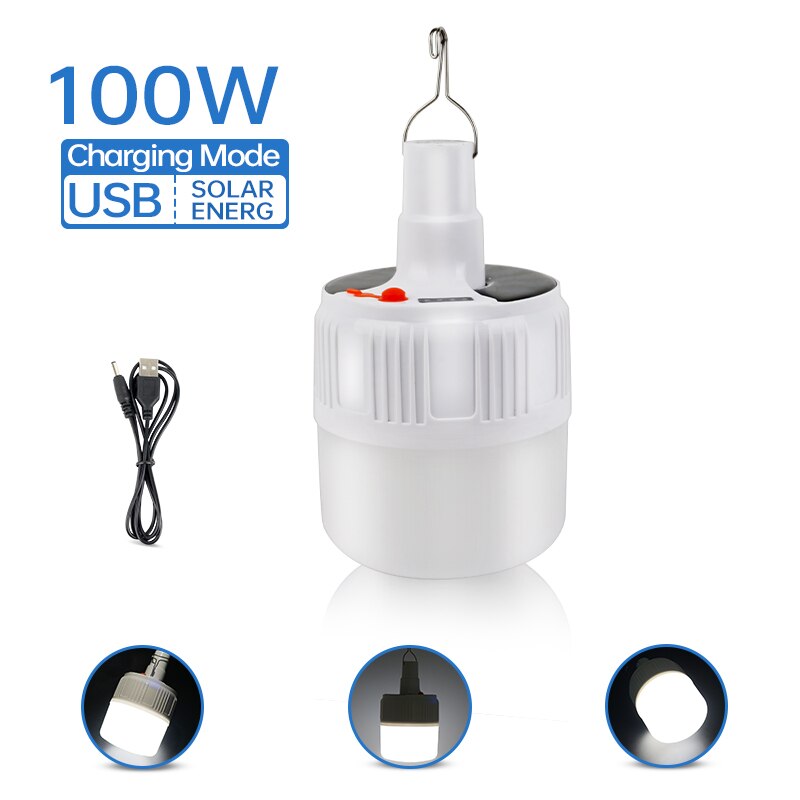 100w Ampoule LED Rechargeable LAMPE Télécommande Charge Solaire Lanterne De Secours Portable Marché de Nuit Lumière de Camping En Plein Air Maison: 100W Solar Power