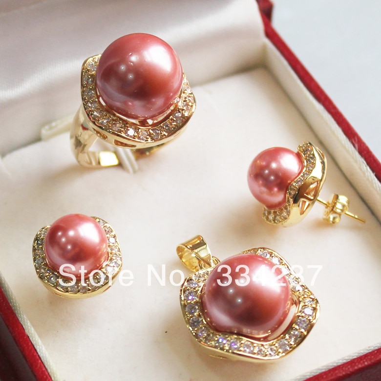 Listed Dark Pink South Sea Shell Pearl Ring Pendant Earring Jewelry Set