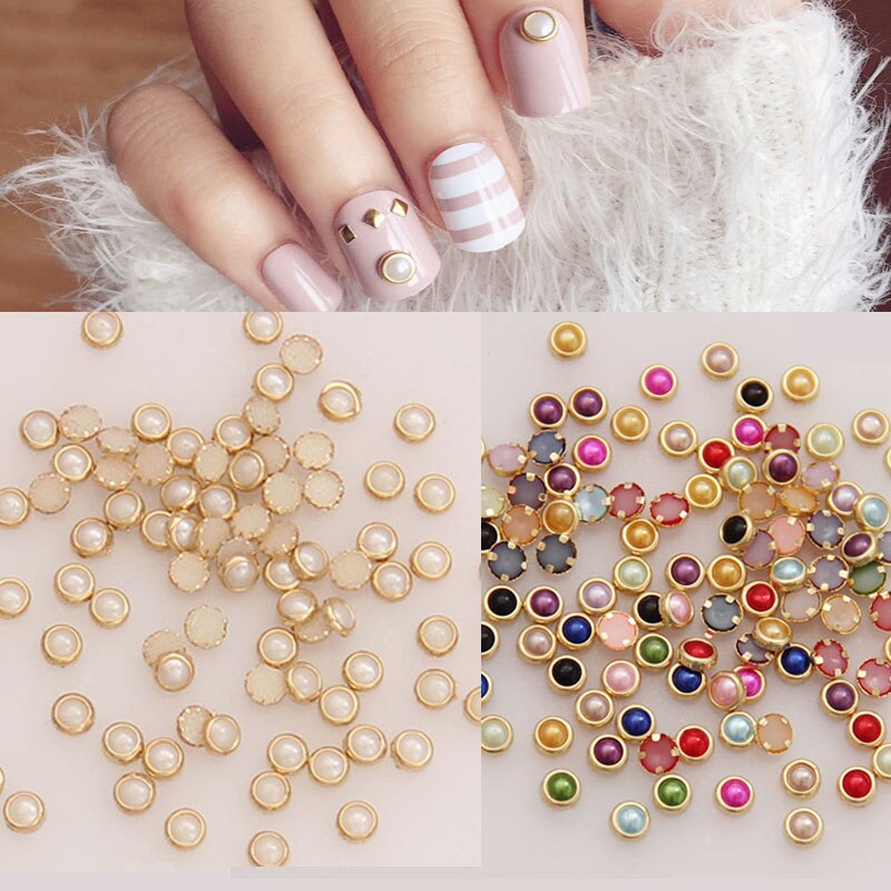 4mm färgglada halvrunda pärlor metall strass diy nagelkonst dekoration naglar pärlor skönhet glitter 50 st