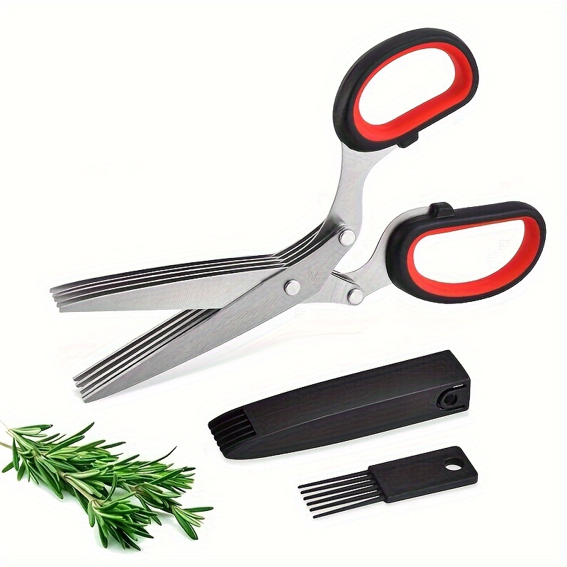 Herb Cutter Scissors 5 Blade Scissors Kitchen Multipurpose Cutting Shear With 5 Stainless Steel Blades & Safety Cover & Cleaning: Red