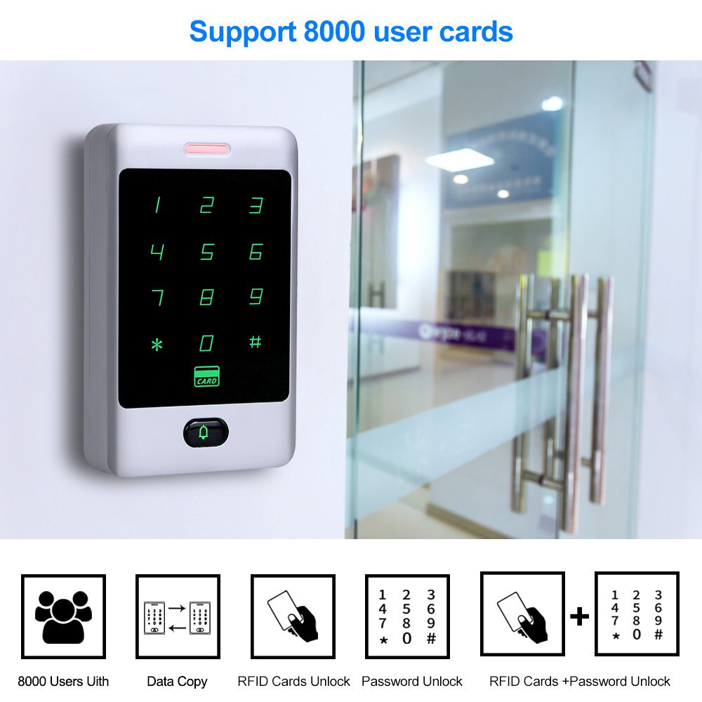Sant alone RFID Access Control Touch Metal Keypad With Waterproof/Rainproof Cover 10 Keychains For Door Lock System 8000 Users