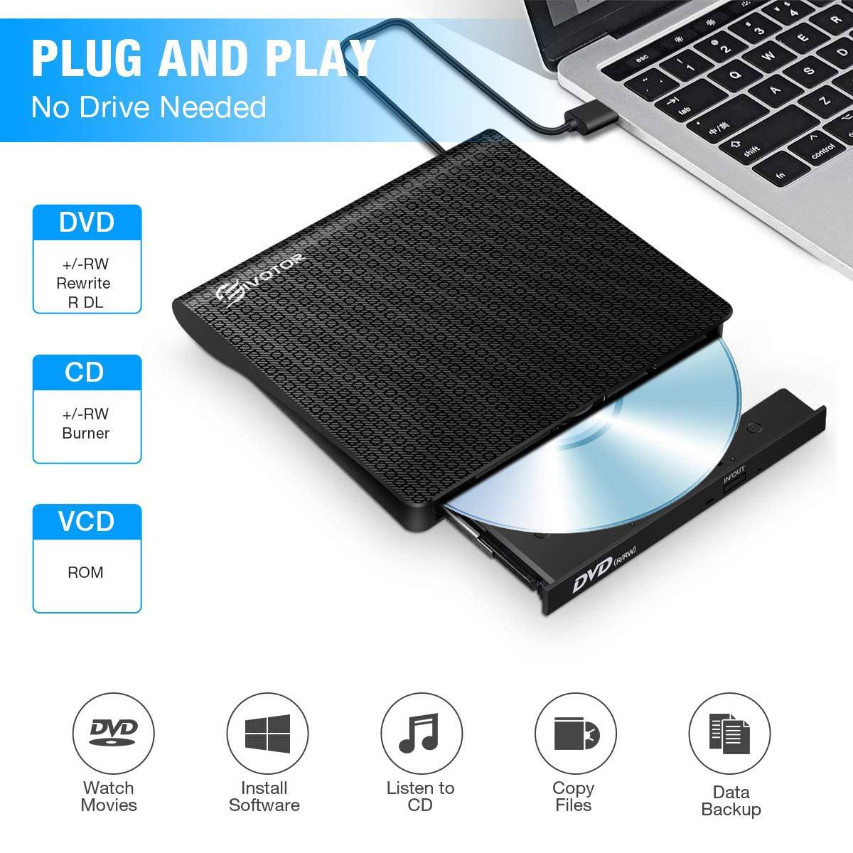 EIVOTOR-Unidad óptica externa USB 3,0, reproductor de DVD-RW, grabador de CD y DVD, compatible con transferencia de datos de 2MB para PC y portátil