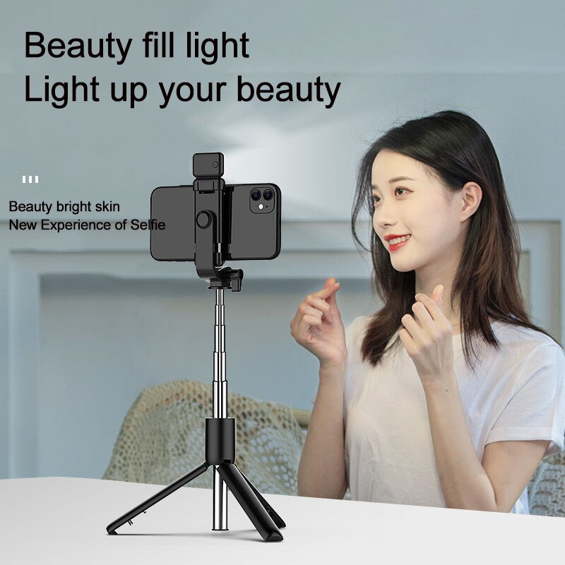 Wireless bluetooth selfie stick foldable mini tripod with fill light shutter remote control for IOS Android Smart phone