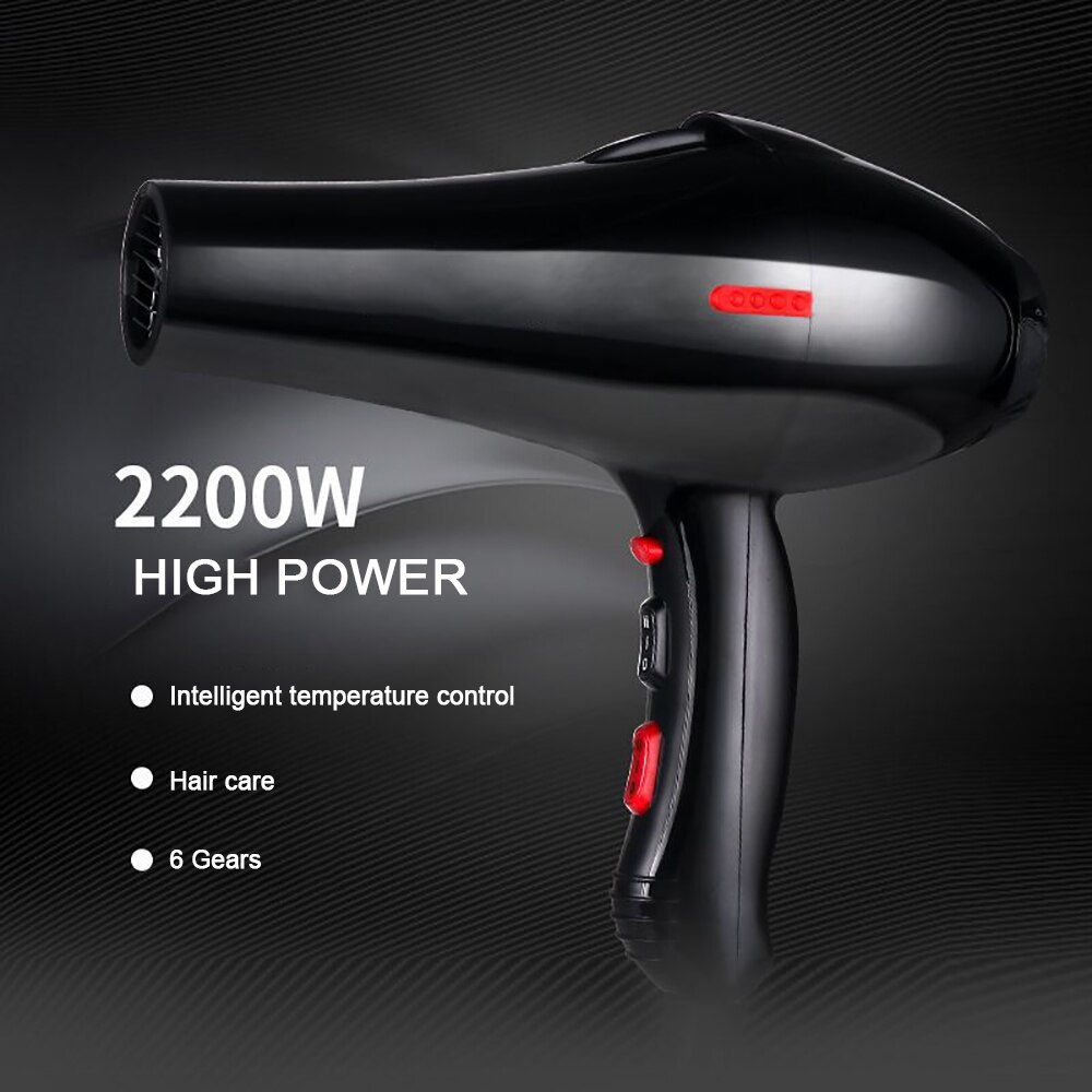 2200W Salon Compact Hair Dryer and Cold Strong Wind 6 Gears Dry Quickly Electric Blowdryer US Plug 1Nozzle
