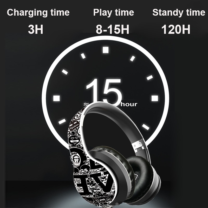 NDJU Wireless Graffiti Headphones - Bluetooth 5.0 - 40mm Drivers - HiFi Stereo Sound with Mic - TF Card FM Radio