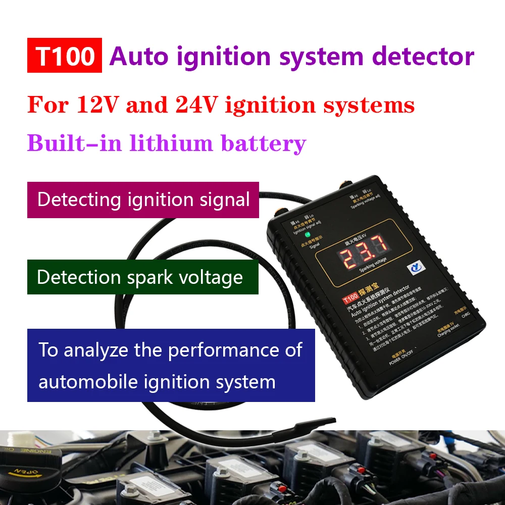 T100 Auto-Zündsystem-Detektor für 12-V-24-V-Zündsystem zum Testen des Zündsignals und der Funkenspannung