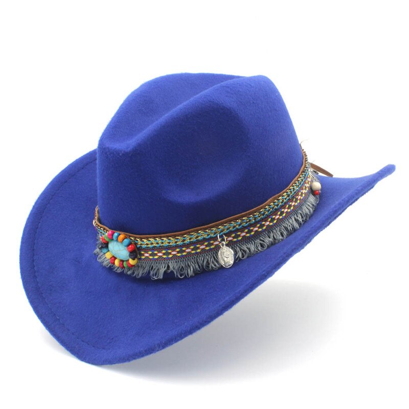 Barneull hule western cowboy lue dusk belte barn jente jazz cowgirl sombrero cap størrelse 52-54cm i 4-8 år: Blå