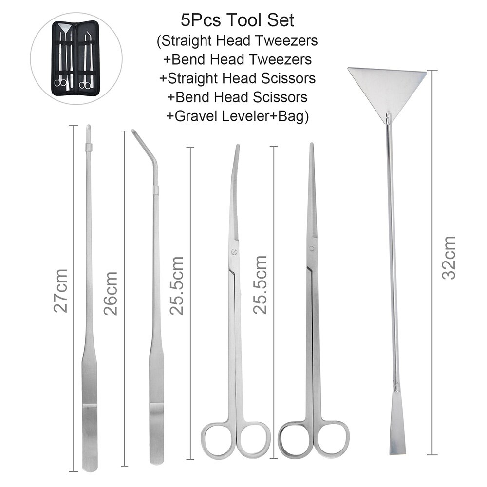 Aquarium Live Plant Fish Tank Tools Set Scissors Tweezers Gravel Leveler Stainless Steel Tools For Live Plants Grass Kit: 5Pcs Tool Set