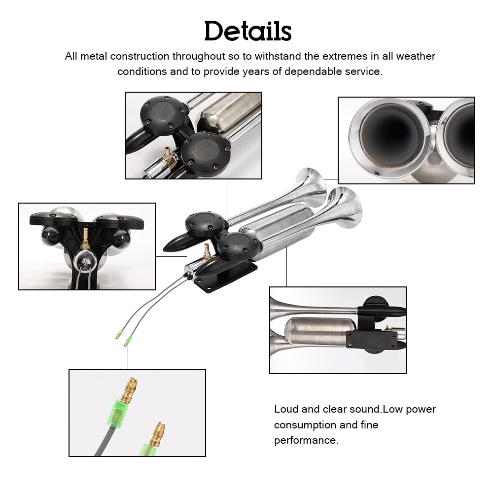 DriSentri Air Horn For Truck, 12V/24V Dual Trumpet 300DB Super Loud Chrome Plated Air Horn Kit With LED Light For Car Truck Boat, Air Horns - View #6