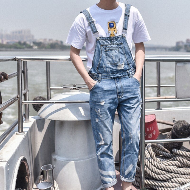 Harajuku big boy slim fit hole overalls one piece herre ripped cargo jeans retro vaskede denim jumpsuits lommer hombre bukser