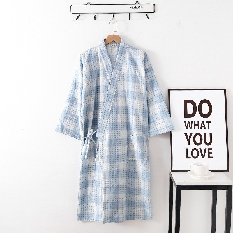Albornoz para parejas de estilo fino de primavera y verano, batas tipo kimono con a cuadros, albornoces de algodón Jacquard tejidos de Color: M / Azul