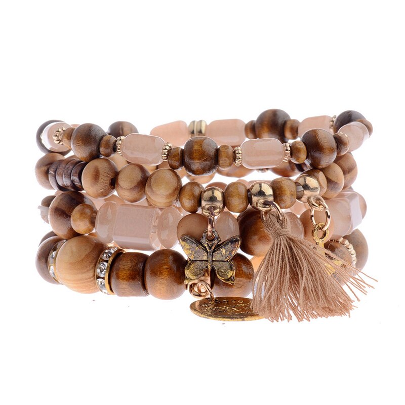 4 Colors Bohemia Wood Bracelets For Women Colorful Beads&Tassel&Butterfly Strand Bracelets Beaded Bracelet HXB025