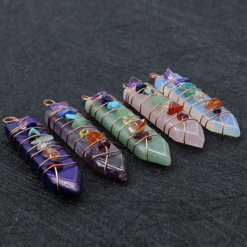 Reiki Handmade Wrap Pendulum 7 wisiorki czakry uzdrawiający kryształ naturalny klejnot kamień ametysty lazuryt Point miecz wisiorki
