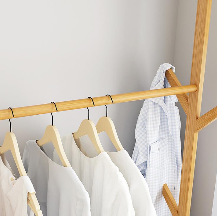 Solid Bamboo floor clothing rack with wheels hat rack bedroom furniture Coat Rack Simple Assembly Bedroom hanger