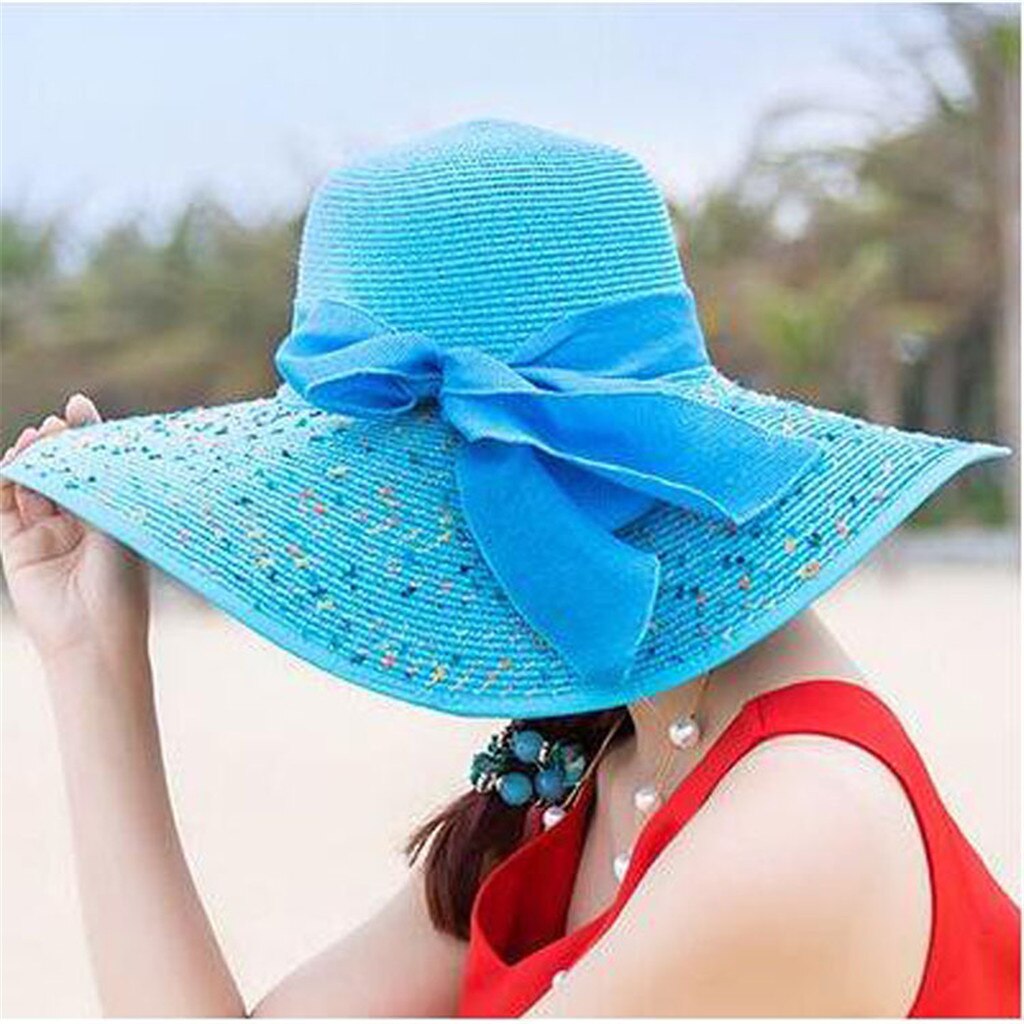 Chapeau de soleil en paille Beige à large bord pour femmes, nouvelle , pliable, plage, Beige, respirant, plein air, Gorros: Bleu