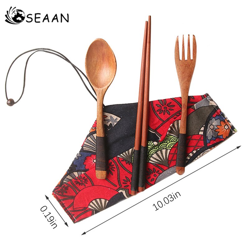 3 pièces fourchette cuillère baguettes ensemble cuisine bambou couverts ensemble en bois paille vaisselle ensemble avec sac en tissu voyage couverts ensemble gadgets