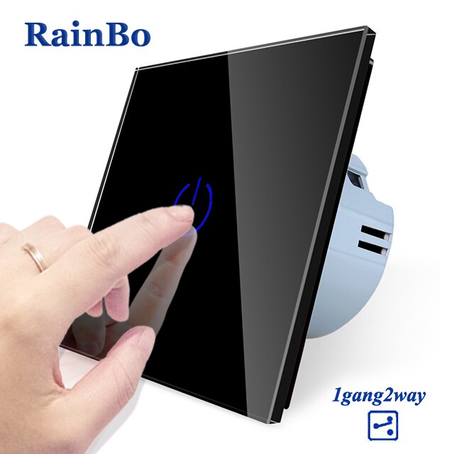 RainBo -Kristal Glas-Panel muur-schakelaar EU-Standaard 110 ~ 250V Touch-Schakelaar screen-Wall Light-Schakelaar 1gang-2way A1912CW/B: Black Power