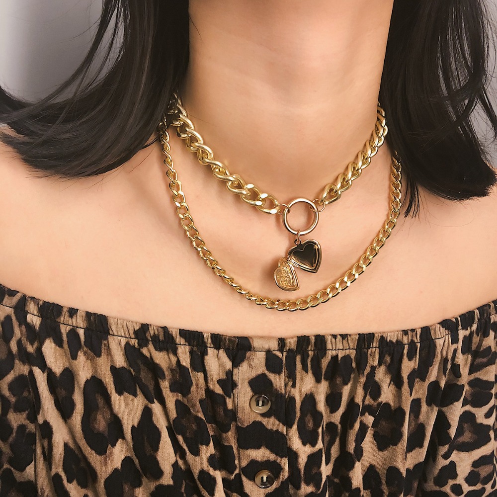 Punk Metalen Hart Choker Ketting Voor Vrouwen Grote Dikke Ketting Ronde Hollow Multilayer Hanger Lange Kettingen Sieraden