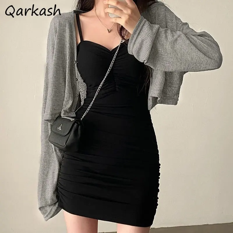 2Pcs Sets Frauen Sun-proof Crop Jacken Mini Falten Kleider Sexy Alle-spiel Mujer Koreanischen Stil Club Streetwear