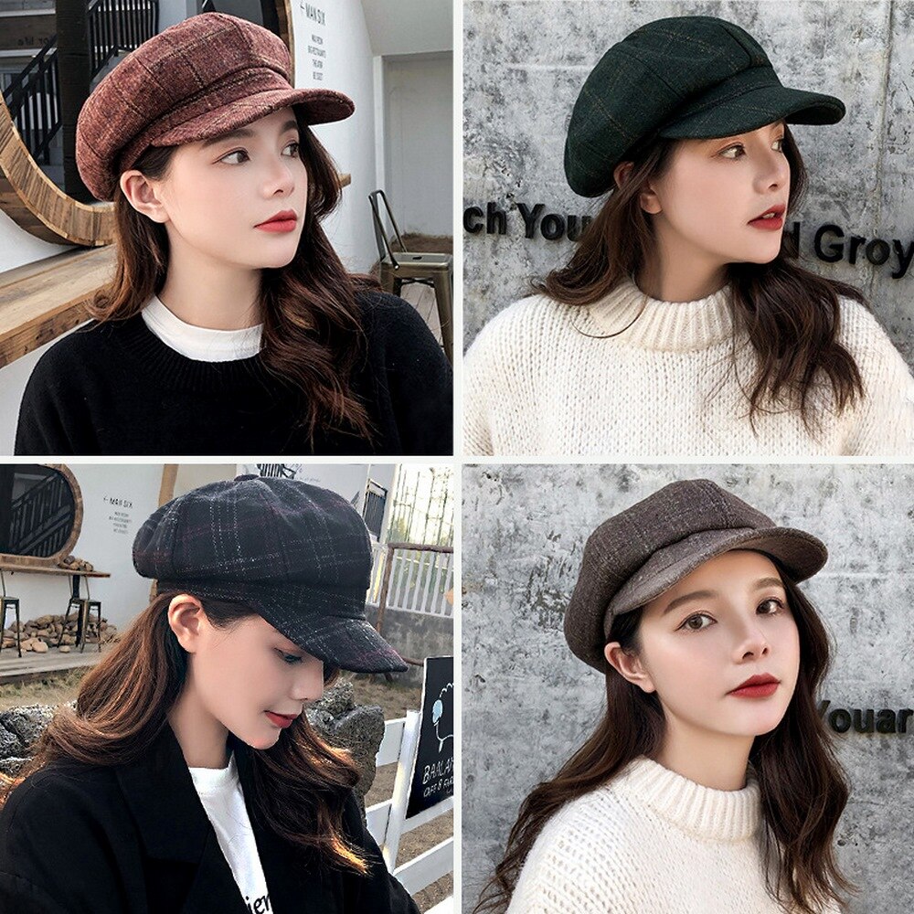 Vrouwen Hoeden Krantenverkoper Retro Stijl Winter Hoeden Voor Vrouwelijke Katoen Plaid Outdoor Achthoekige Hoed Mode