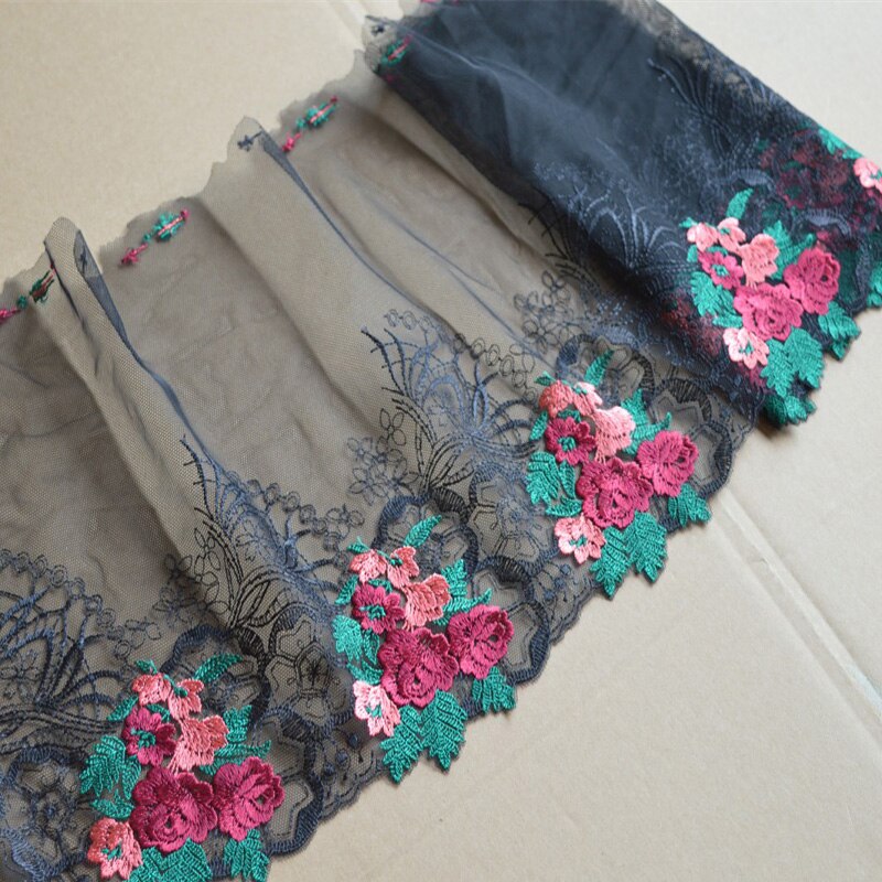 2yds/Lot 23Cm Brede Zwarte Mesh Roze Groen Gemengde Bloemen Borduren Kant Trim Voor Kleding Bruiloft, onderpakken