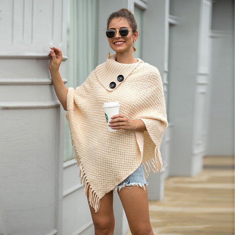 Casual høstkappe overfrakk ponco dame kintting dusk topper vintage capes sjalknapper yttertøy vinterkappe gensere