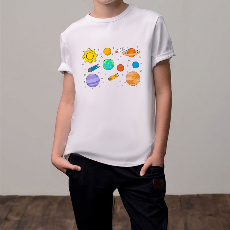 Camiseta de manga curta estampa de planeta, camiseta infantil para meninos e meninas