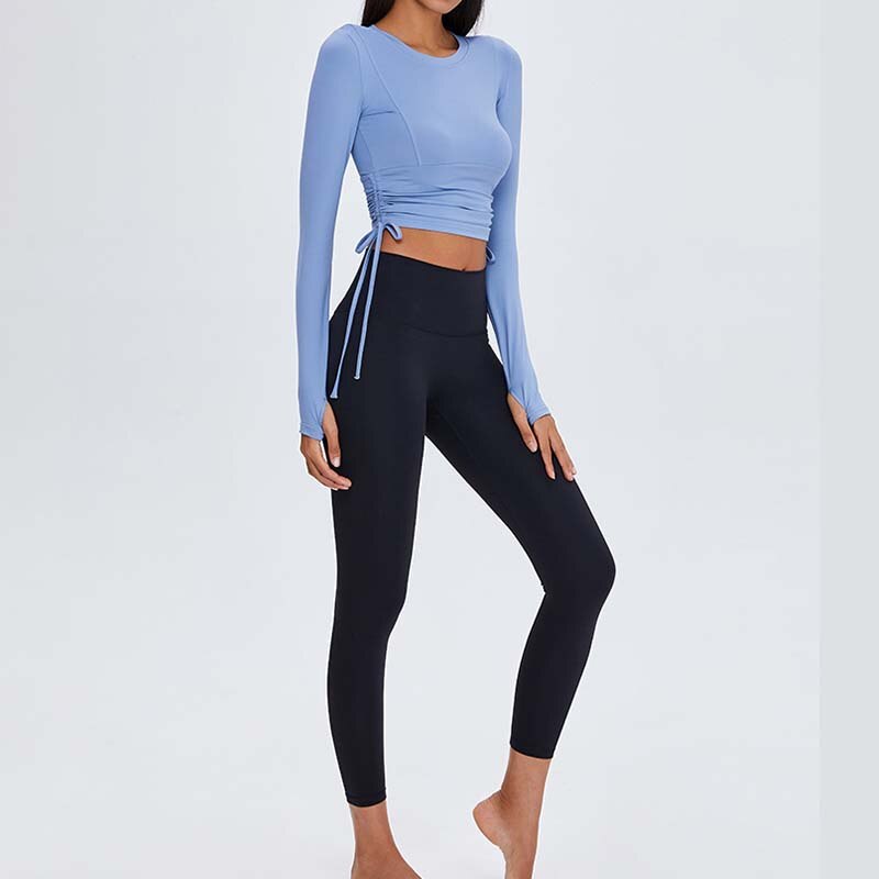 Top de manga larga y cuello redondo para mujer, Tops cortos con cordones en la cintura, ropa de gimnasio de realce para correr, ropa deportiva de entrenamiento, blusa de Yoga elástica para Fitness