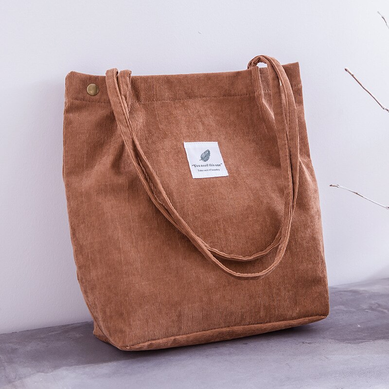 Tasker til kvinder corduroy skuldertaske genanvendelige indkøbsposer afslappet tote kvindelig håndtaske til et bestemt antal: Brun