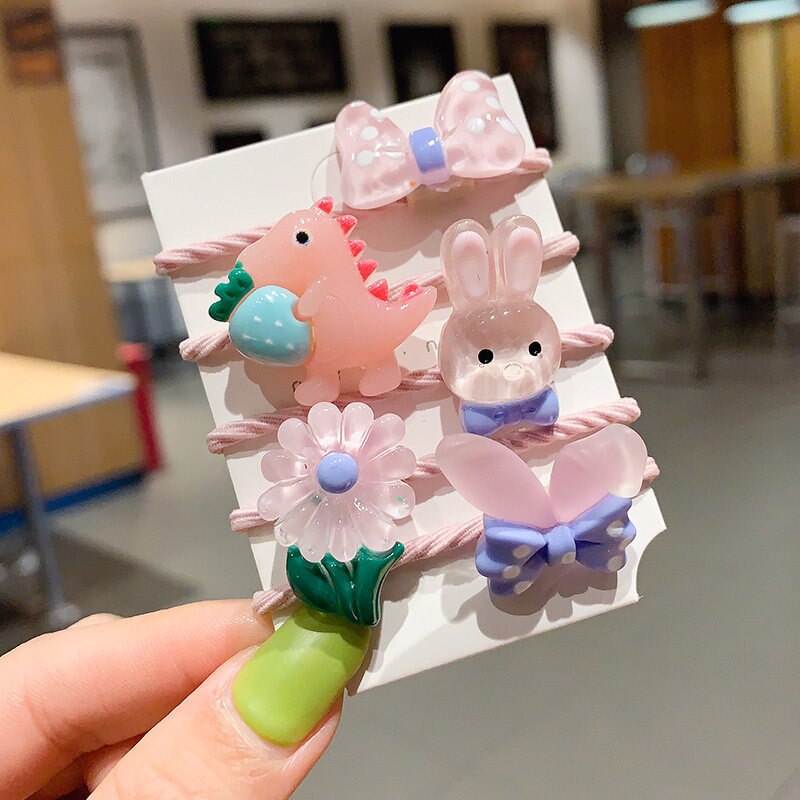 5 Stks/set Cartoon Dinosaurus Kids Haarbanden Leuke Meisjes Boog Konijn Kids Hoofddeksels Elastische Haarbanden Baby Girl Haar Accessoires