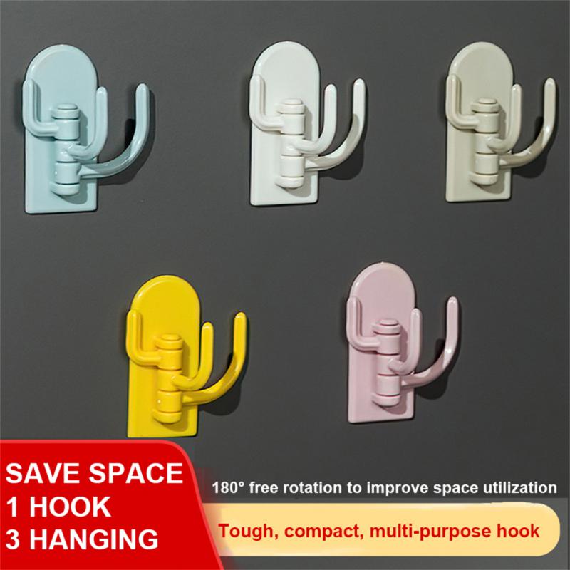 Self Adhesive Kitchen Wall Door Hook Key Holder Rack Towel Hanger Bathroom Rack Hooks Rotating Multi-Purpose Storage Hooks
