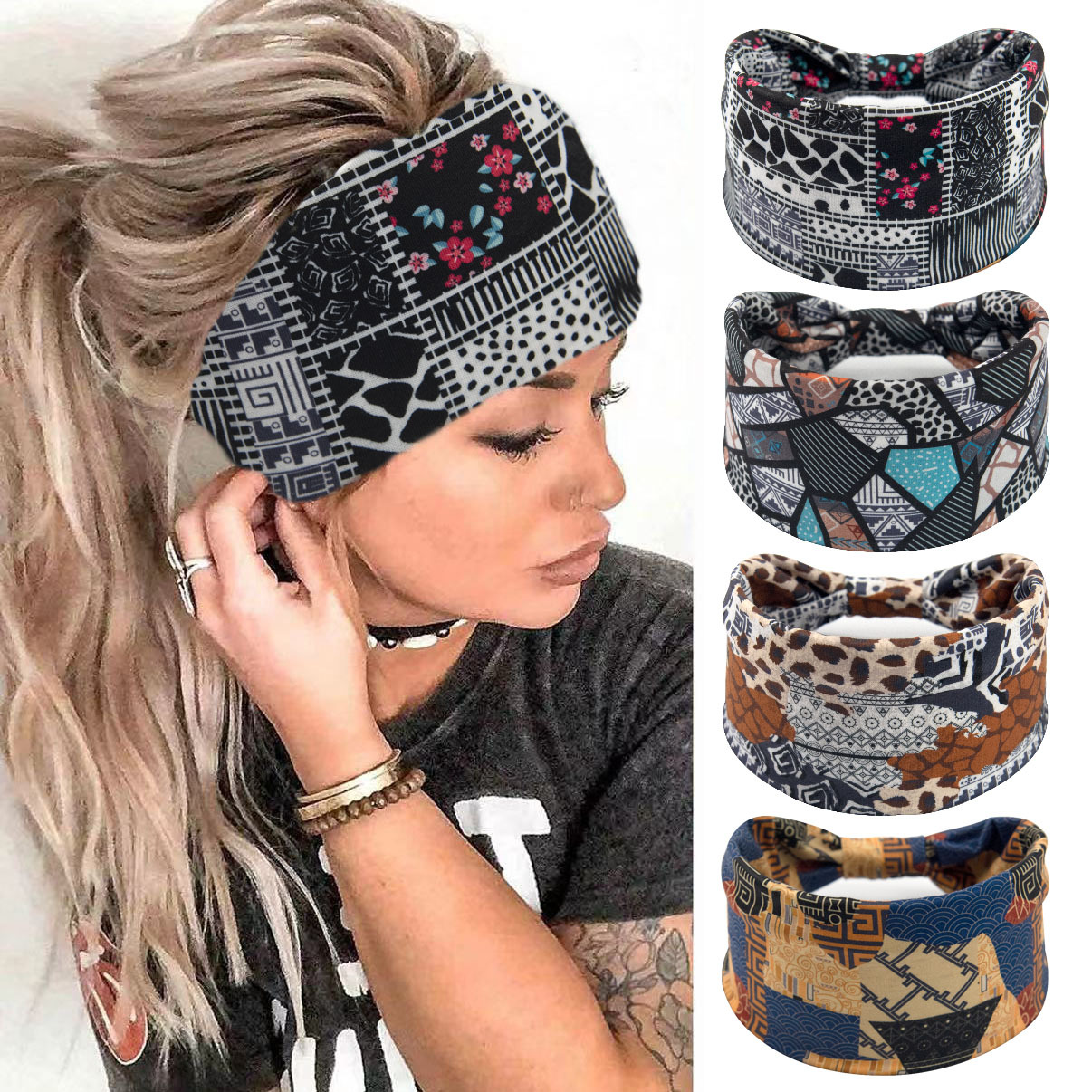 Boho headbands para mulheres largo atado antiderrapante africano bandana elástica yoga turbante lenços de cabelo treino impresso acessórios para o cabelo