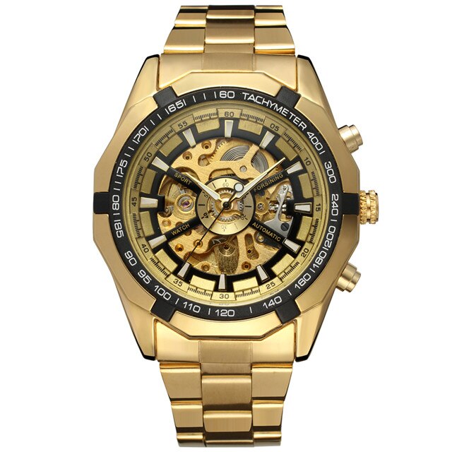 Full Golden Steampunk Men Skeleton Mechanical Automatic Casual Wrist Watches for Men: gold black