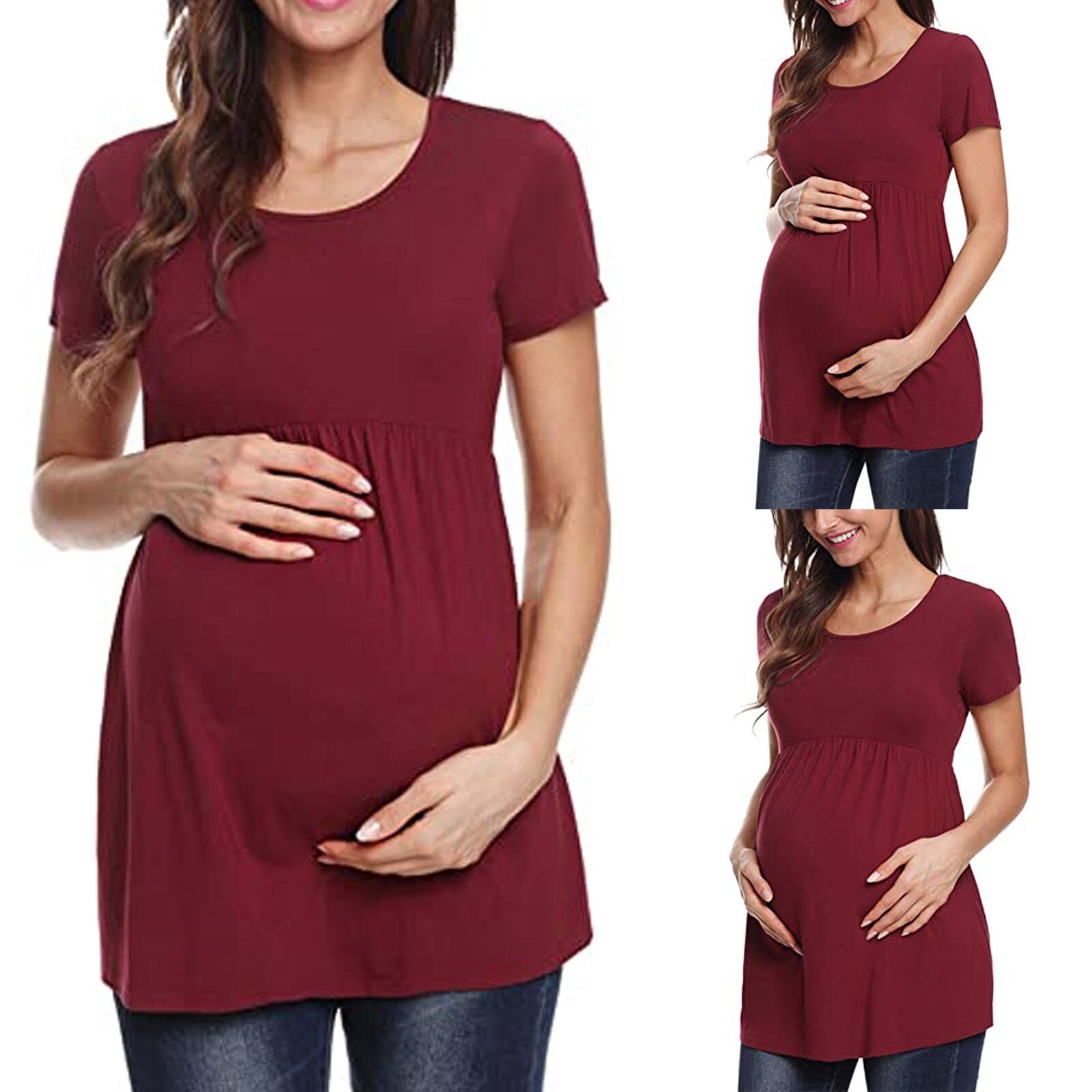 Camiseta de manga corta de maternidad para mujer, Tops de poliéster con cuello redondo de Color sólido, ropa de embarazo, ropa de embarazada de verano