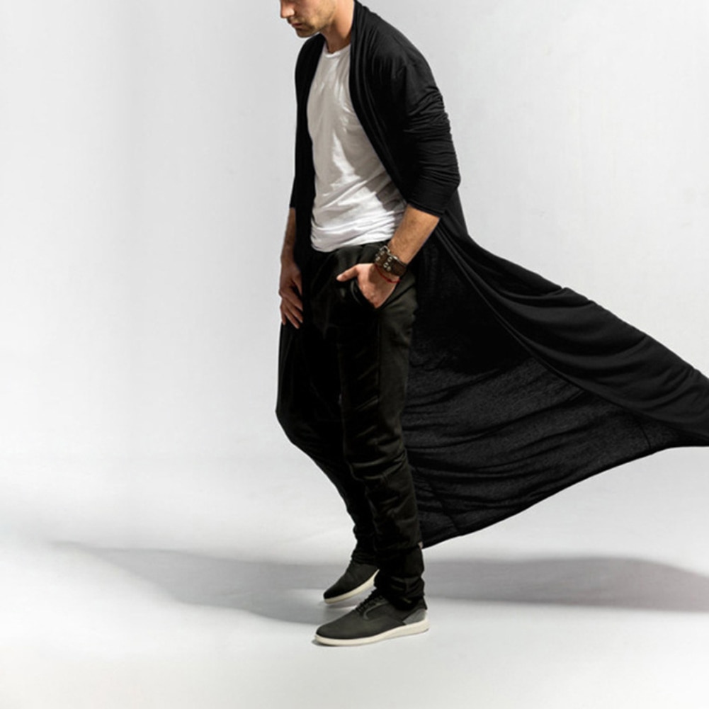 Mænd lang kappe frakke sjalkrave cardigan moderigtigt ensfarvet lange ærmer åben front lang længde drapering cape frakke