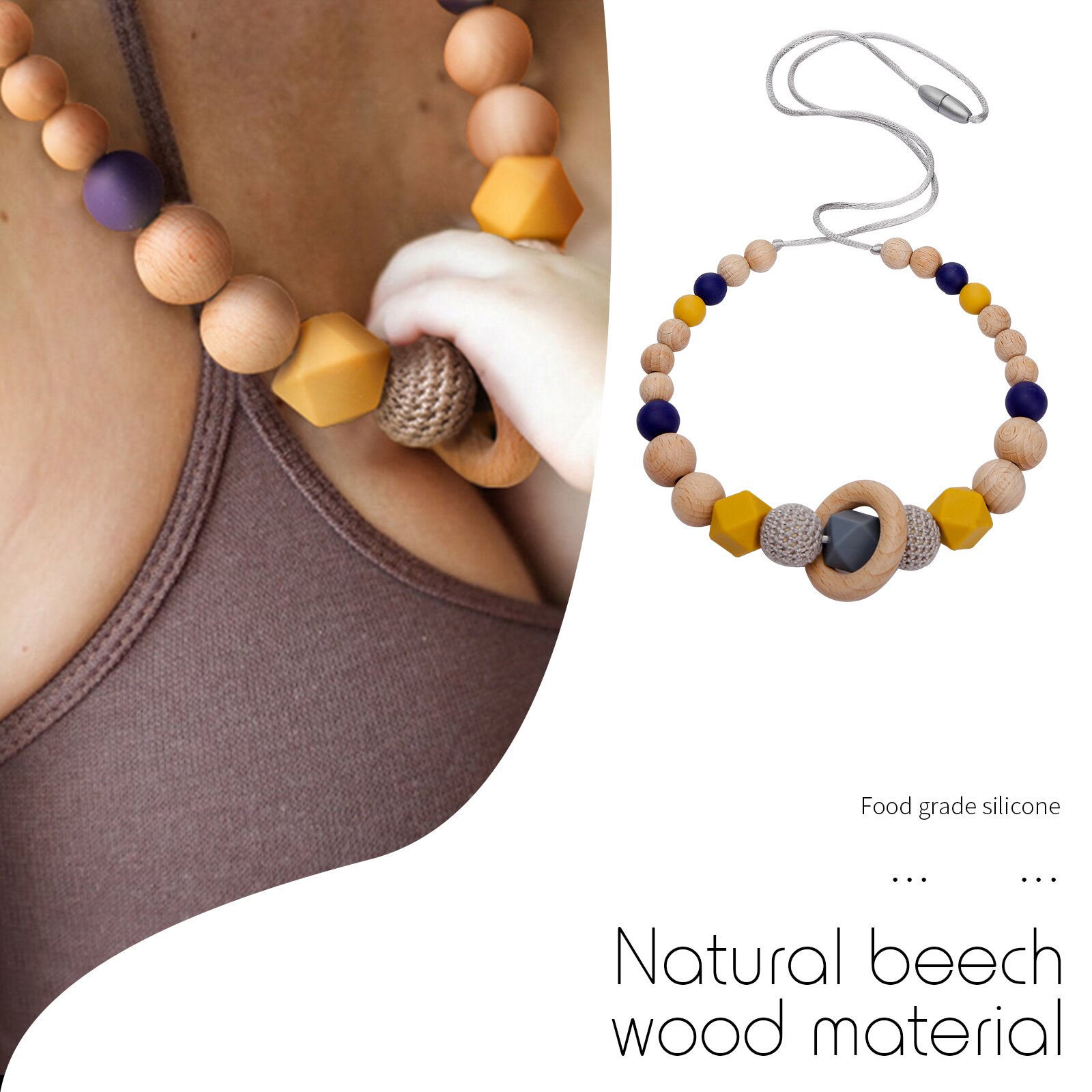 1 Pcs Food Grade Silicone Baby Bijtring Ketting Beuken Houten 40Mm Siliconen Kralen Lange Ketting Verpleging Speelgoed Training Baby chew Toy